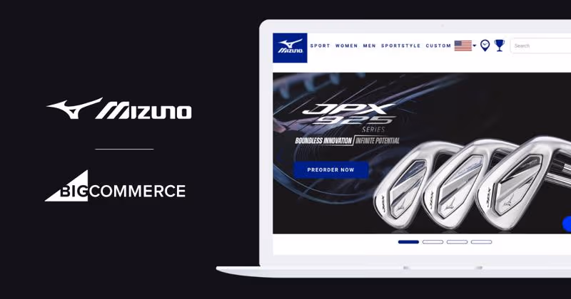 Mizuno website displayed on laptop showing JPX 923 golf club series with "Preorder Now" button and BigCommerce logo.