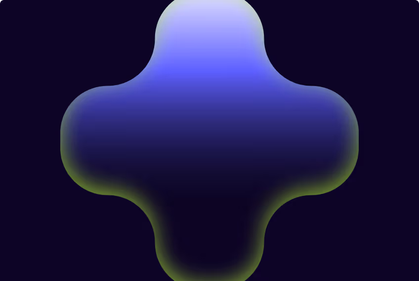 A soft-edged, glowing 3D plus symbol or cross shape, centered and illuminated with deep blue and lime green gradients