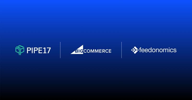 Three company logos on a blue gradient background: PIPE17 with a cube icon, BIGCOMMERCE, and Feedonomics.