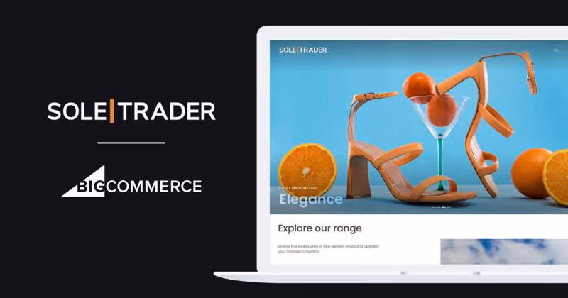Sole Trader website displayed on laptop showing elegant orange sandals with matching oranges and martini glass against blue background.