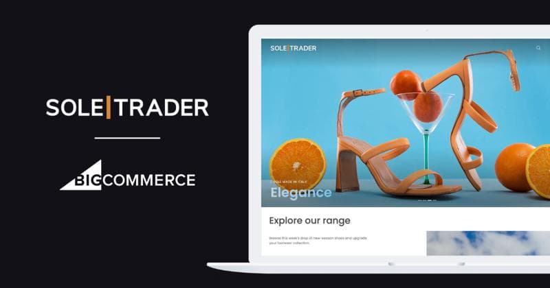 Sole Trader website displayed on laptop showing elegant orange sandals with matching oranges and martini glass against blue background.