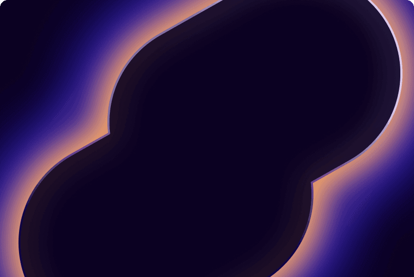 A dark, abstract figure-eight or peanut shape outlined by a vibrant orange and purple neon glow against a dark background.