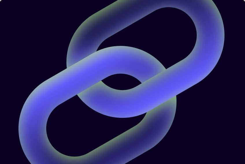 Two thick, 3D interlocking chain links glowing with blue and soft green gradients.