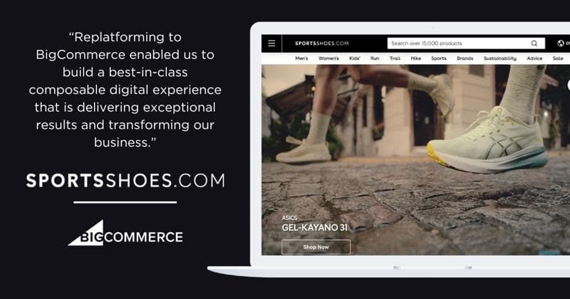 SportsShoes.com sito Web visualizzato sul laptop che mostra le scarpe da corsa Asics, con la citazione della testimonianza di BigCommerce su sfondo scuro.