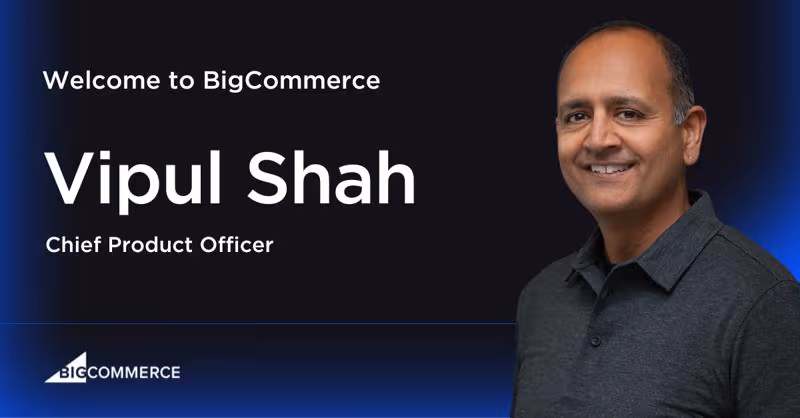 Professional headshot of BigCommerce's Chief Product Officer against a blue background with company branding.