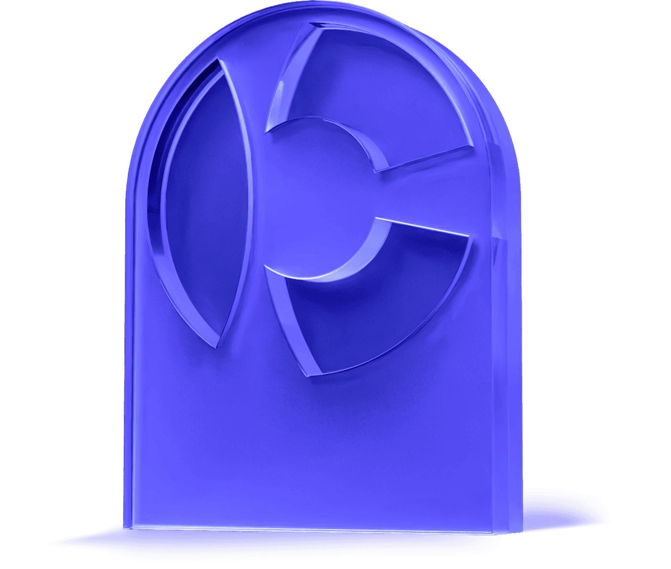 A translucent, cobalt blue glass trophy or plaque with a rounded arch top. The center features a prominent, stylized 3D logo consisting of an oval shape and a split circular "C" design carved into the glass with sharp, beveled edges. The object sits on a white surface with a soft purple shadow.