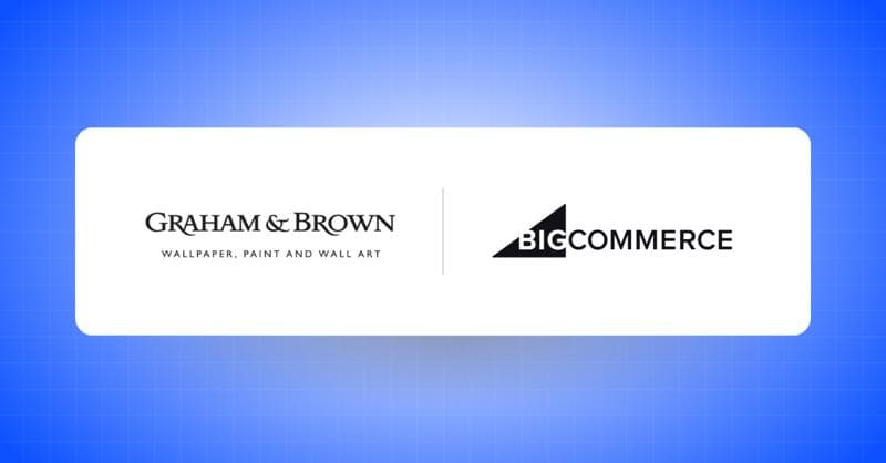 Graham & Brown Tapeten Firmenlogo neben dem BigCommerce-Logo auf einem weißen Banner mit blauem Hintergrund.