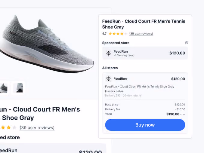 Product listing for FeedRun Cloud Court gray tennis shoes with rating, price, and a Buy Now button.