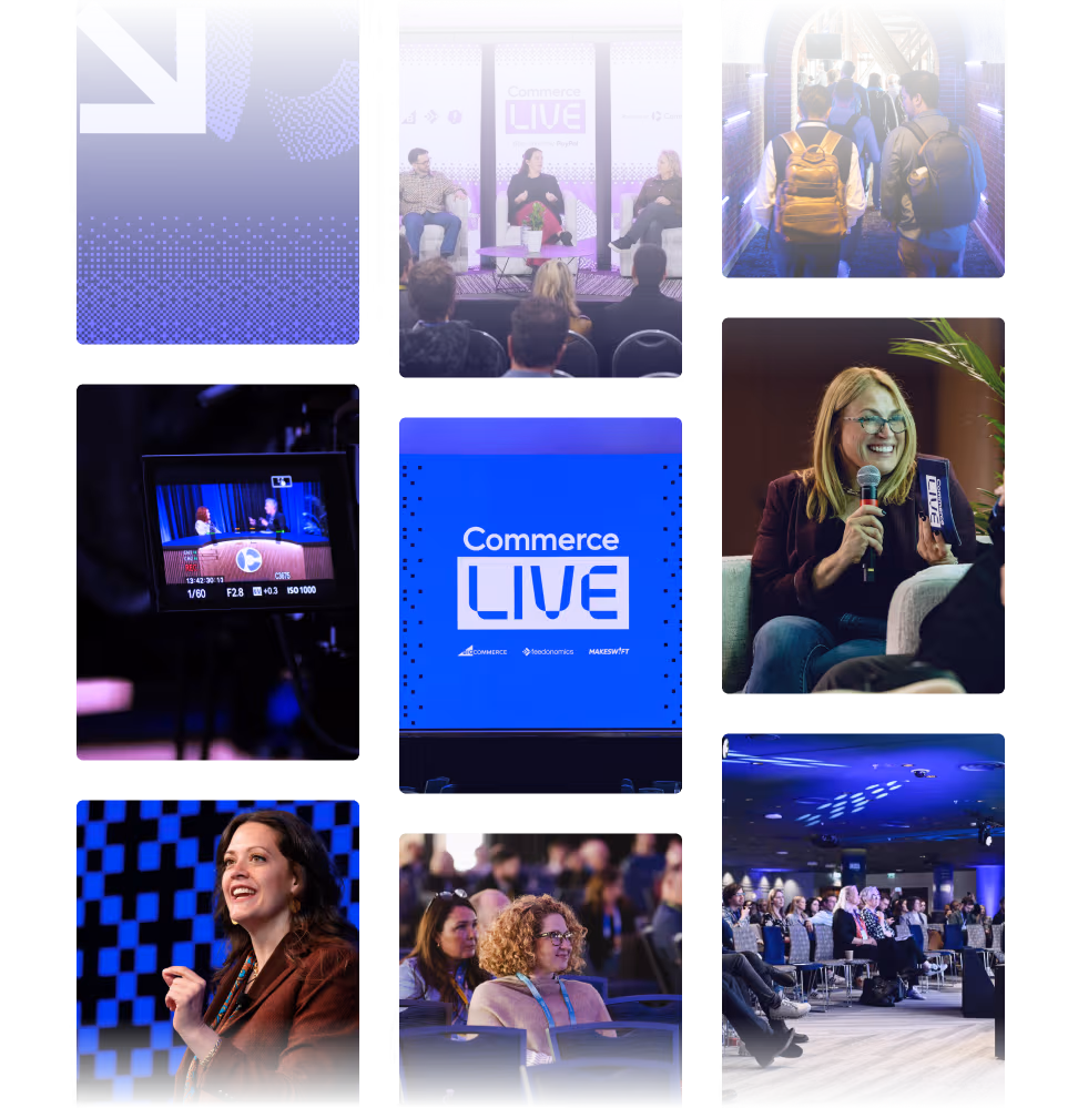 Photo collage of speakers, attendees, and stage branding at the Commerce LIVE tech conference.