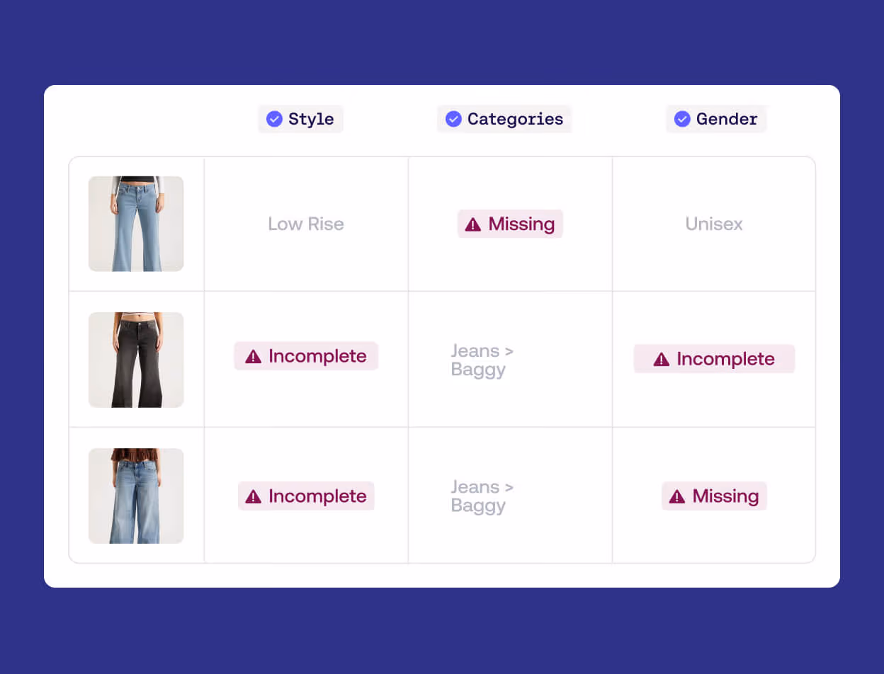 Data audit table showing various denim products with status alerts for missing or incomplete category metadata.