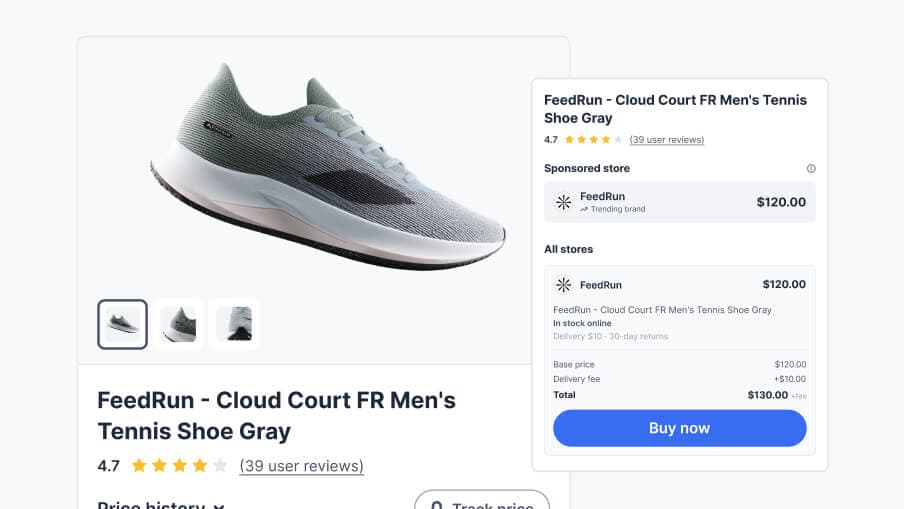 Product listing for FeedRun Cloud Court gray tennis shoes with rating, price, and a Buy Now button.