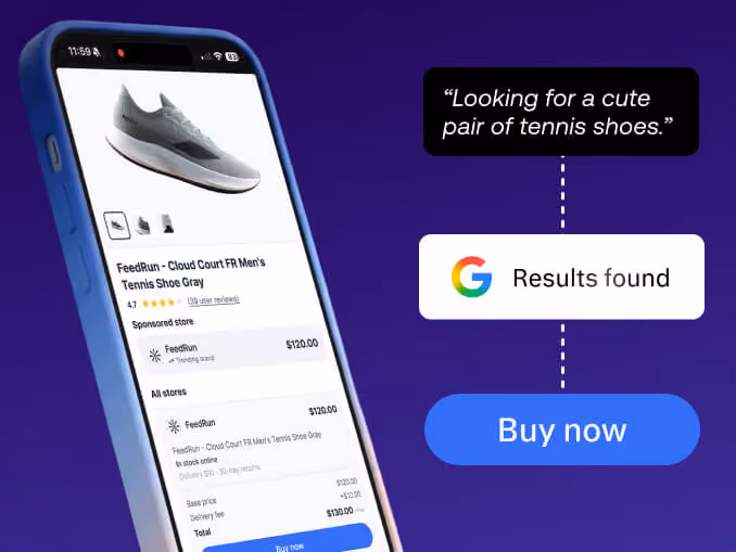 Mobile phone displaying AI shopping results for gray tennis shoes with a Buy Now button.