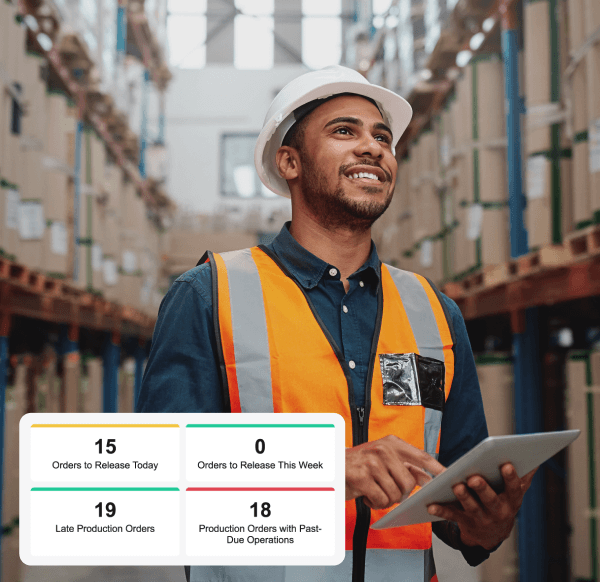 An image of a warehouse worker in a blue vest and safety glasses, looking at a tablet showing a dashboard with data visualizations like bar charts and line graphs