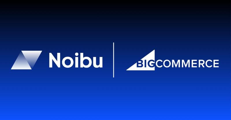 Noibu and BigCommerce logos displayed side by side on a blue gradient background, separated by a vertical line.