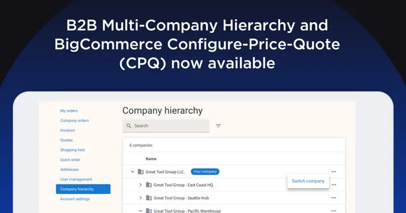 Skjermbilde av BigCommerce B2B-grensesnitt som viser administrasjon av bedriftshierarki med flere bedriftslokasjoner oppført.