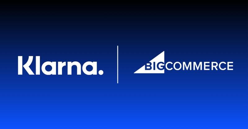 Klarna and BigCommerce logos displayed side by side on a blue gradient background, separated by a vertical line.