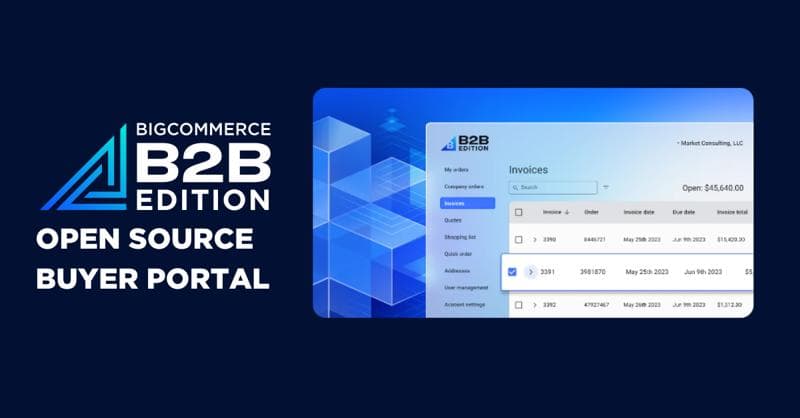 BigCommerce B2B Edition interface showing invoices dashboard with order details and a 3D blue geometric background.