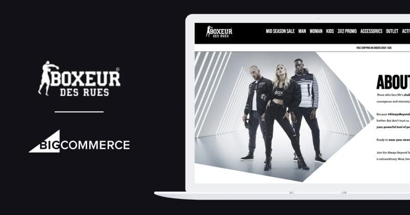 Boxeur Des Rues e-commerce website displayed on laptop showing fashion models in black athletic wear against white backdrop.