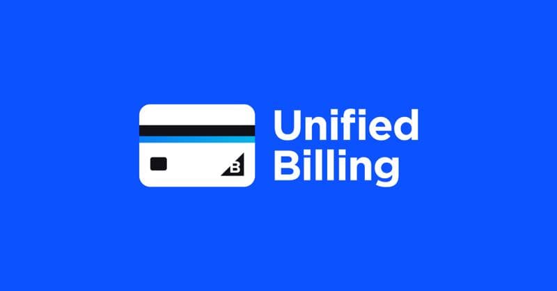 Simplified credit card icon next to "Unified Billing" text on bright blue background