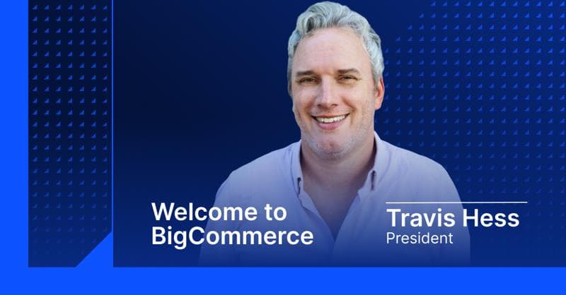 Person with white hair smiling against blue background with "Welcome to BigCommerce" and "President" text.