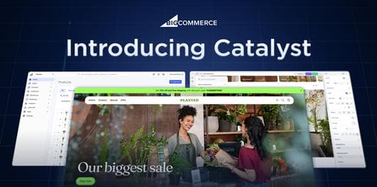 BigCommerce Catalyst platform interface showing an online store with "Our biggest sale" banner and retail scene