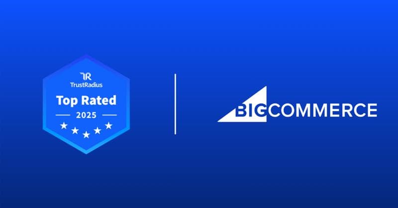 TrustRadius Top Rated 2025 badge with five stars next to BigCommerce logo on blue gradient background.