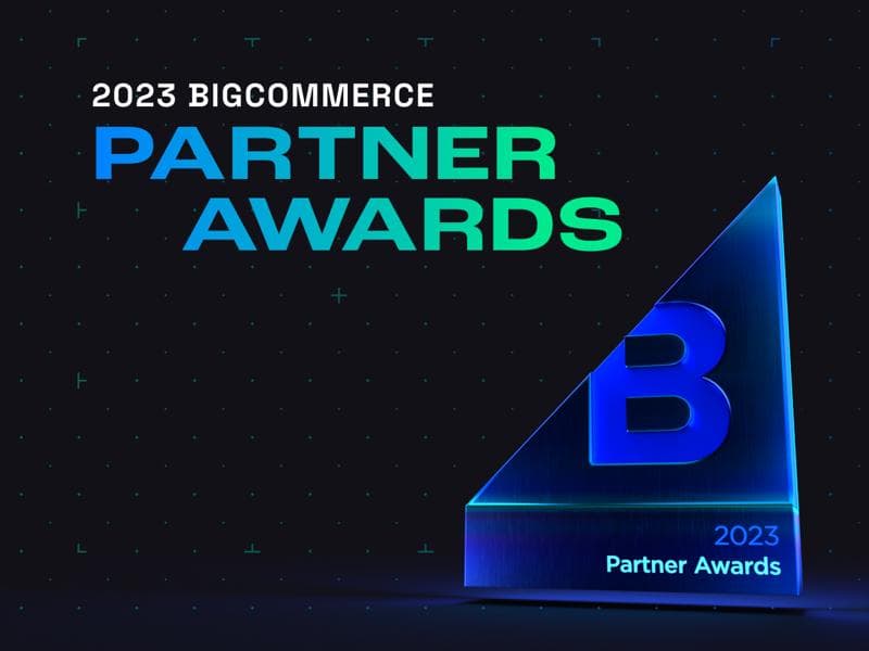 2023 BigCommerce Partner Awards logo with blue glowing trophy featuring a "B" against a dark dotted background.