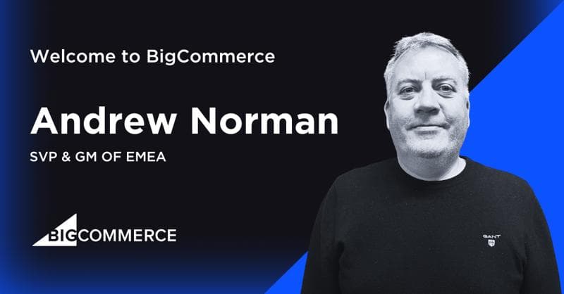 Velkommen til BigCommerce-banner med SVP & GM for EMEA mot blå og svart bakgrunn med BigCommerce-logoen.