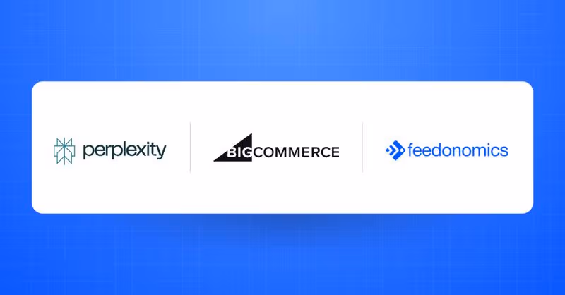 Logos of Perplexity, BigCommerce, and Feedonomics on a white rectangle with a blue grid background.