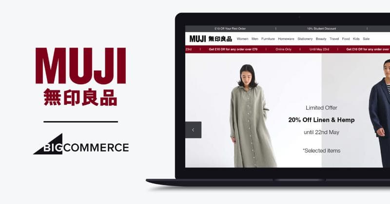 MUJI website displayed on laptop showing 20% off linen promotion with model wearing light green button-down dress.