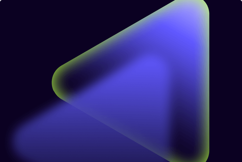A soft, glowing 3D triangle pointing to the right, resembling a "play" button, shaded with deep blue and a lime green outer glow.