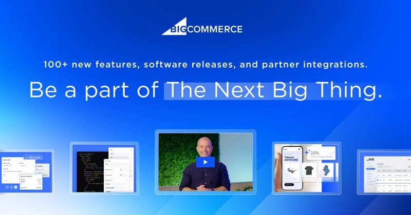 Banner promocional de BigCommerce con fondo degradado azul que muestra las características de la plataforma y ejemplos de interfaz.